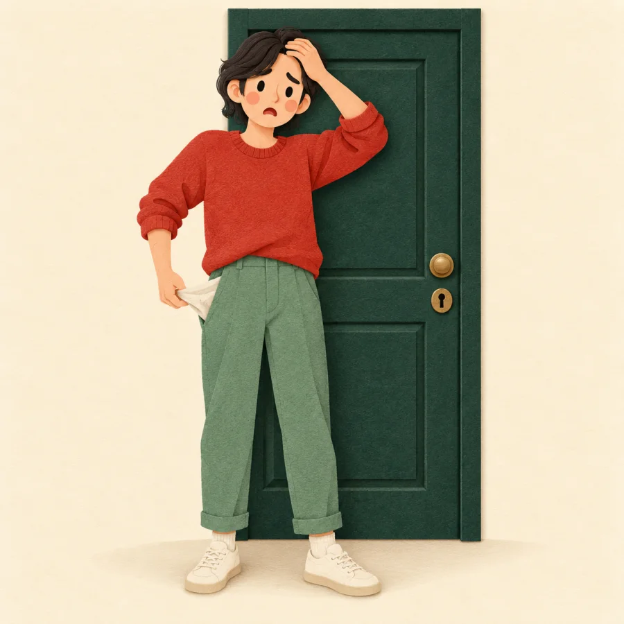 A puzzled person pats empty pockets by a locked door