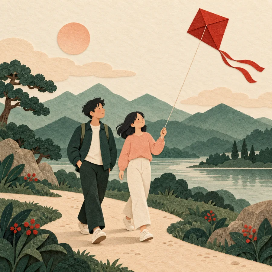 Two people walk side by side, one flying a kite