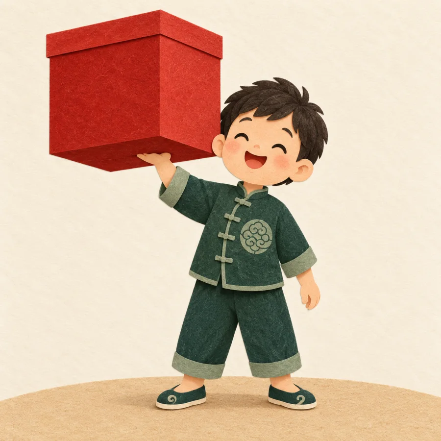 A child easily lifts a large red box with one hand