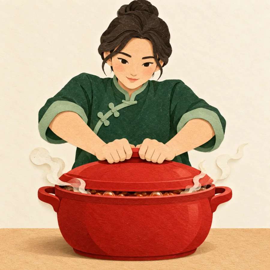 A person presses the lid down on a boiling pot