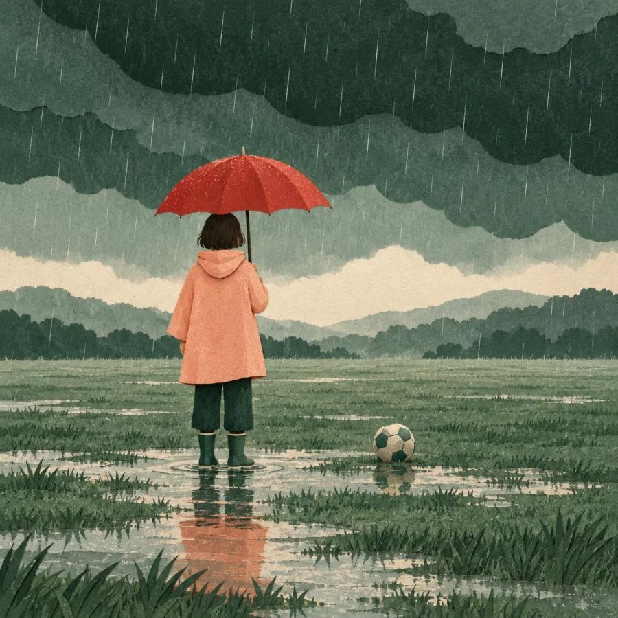 A person with an umbrella looks at a rainy empty field