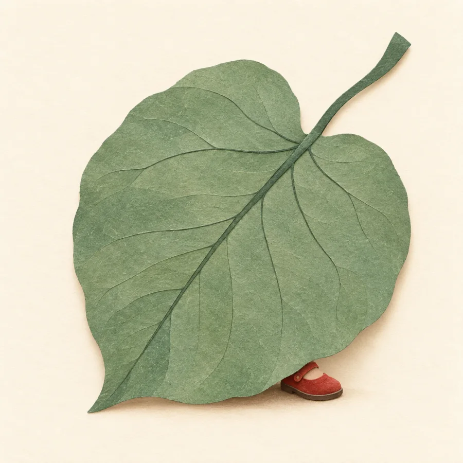 A child hides behind a big leaf, only a shoe visible
