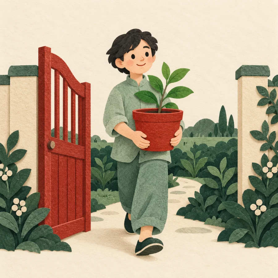 A person carries a potted sapling through a garden gate