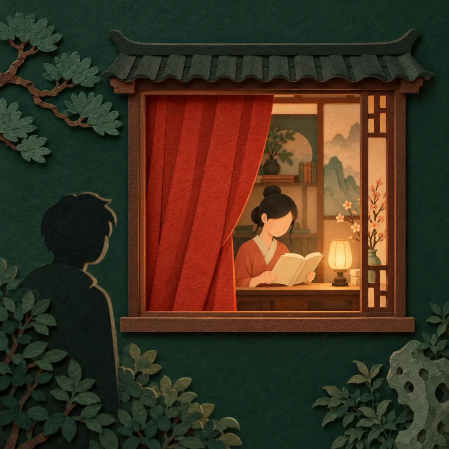 A person reads by a lamp behind a half-drawn red curtain