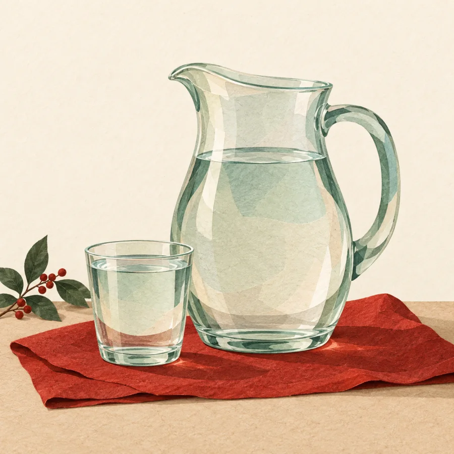 A glass jug of clean water and a cup on a table
