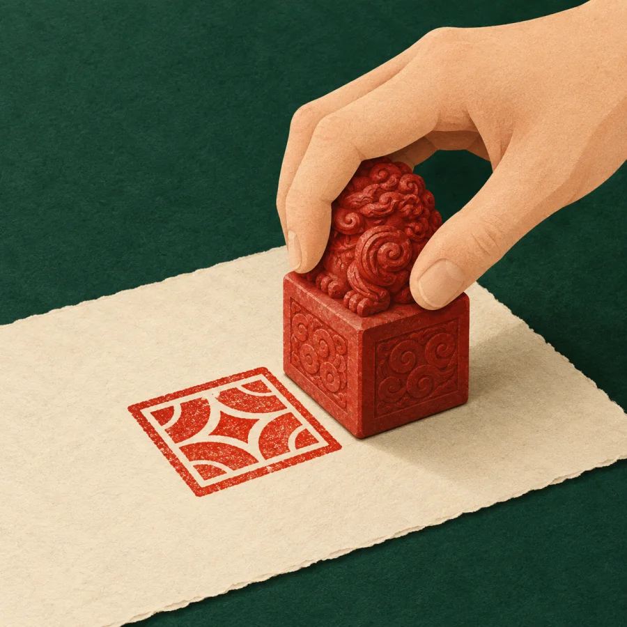 A hand presses a red stamp onto a sheet of paper