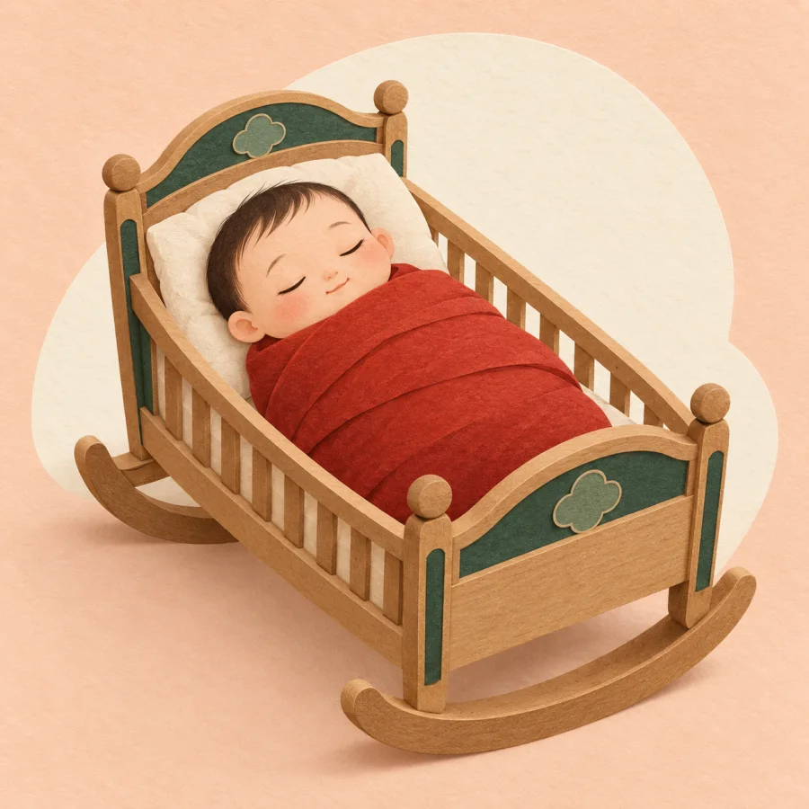 A baby in a red blanket sleeps in a cradle