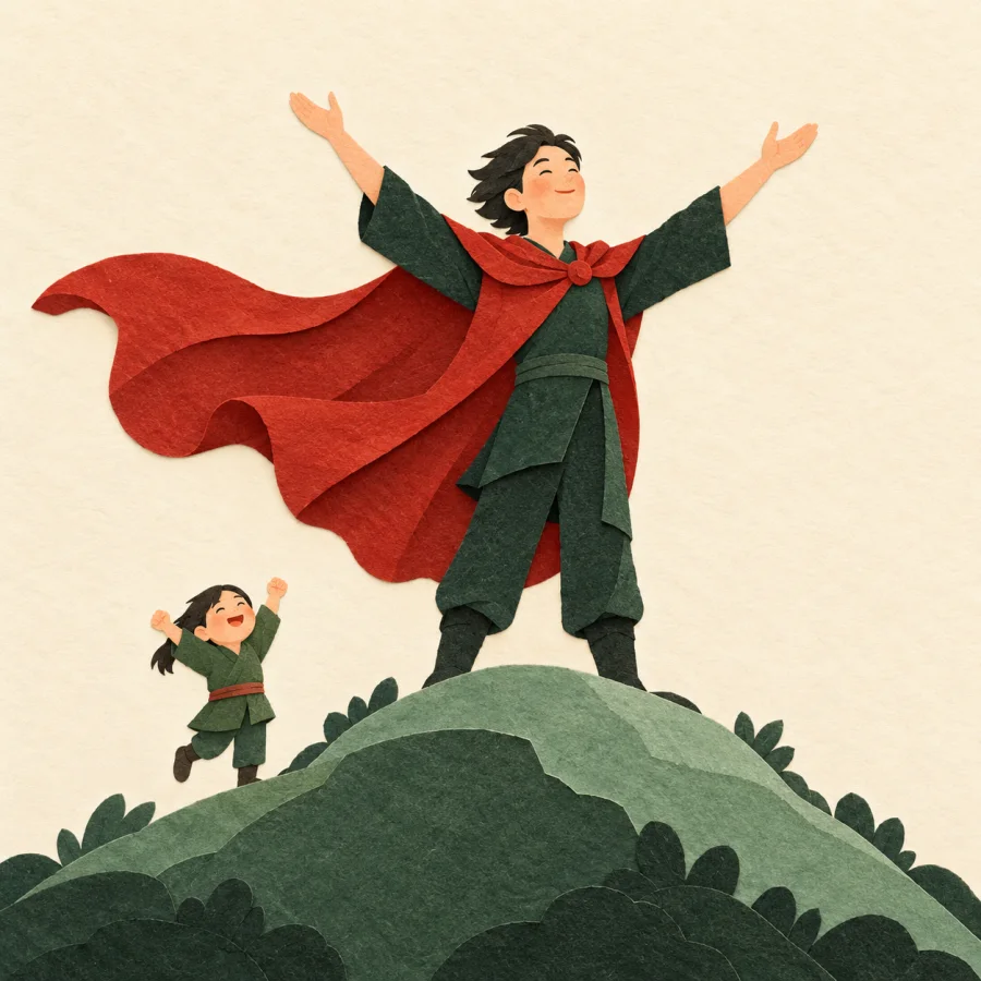 A person in a red cape stands on a hill, arms raised