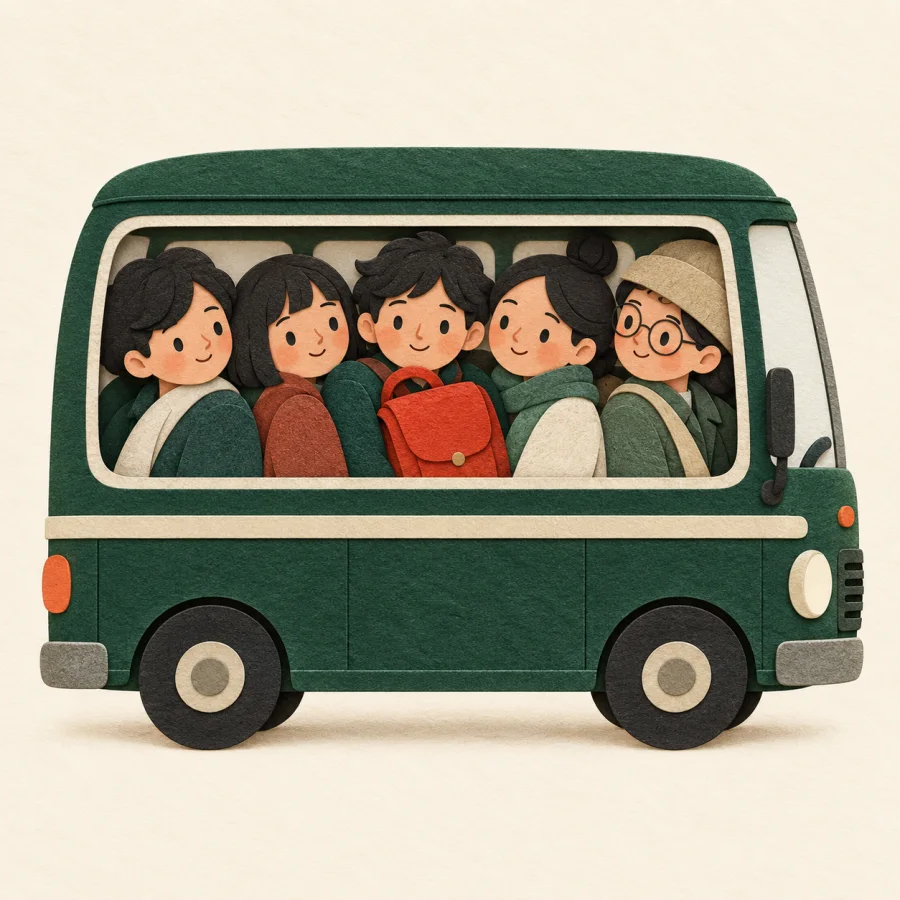 Five people squeezed together inside a small green bus