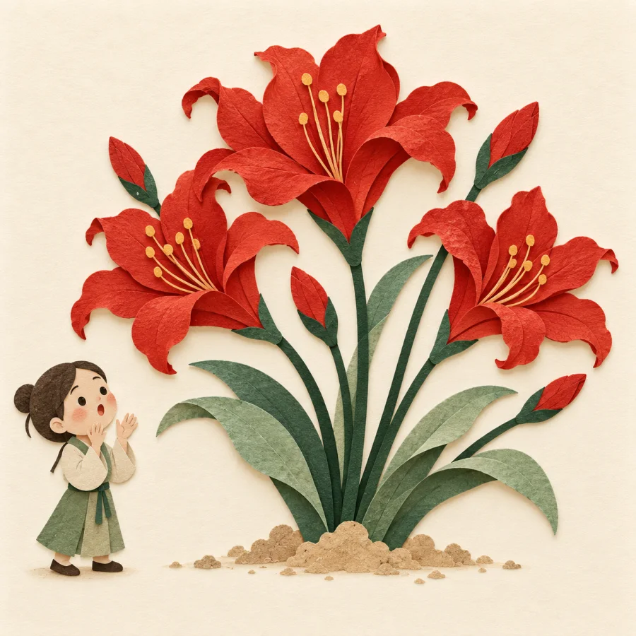 Red flowers burst up from the ground, a person amazed