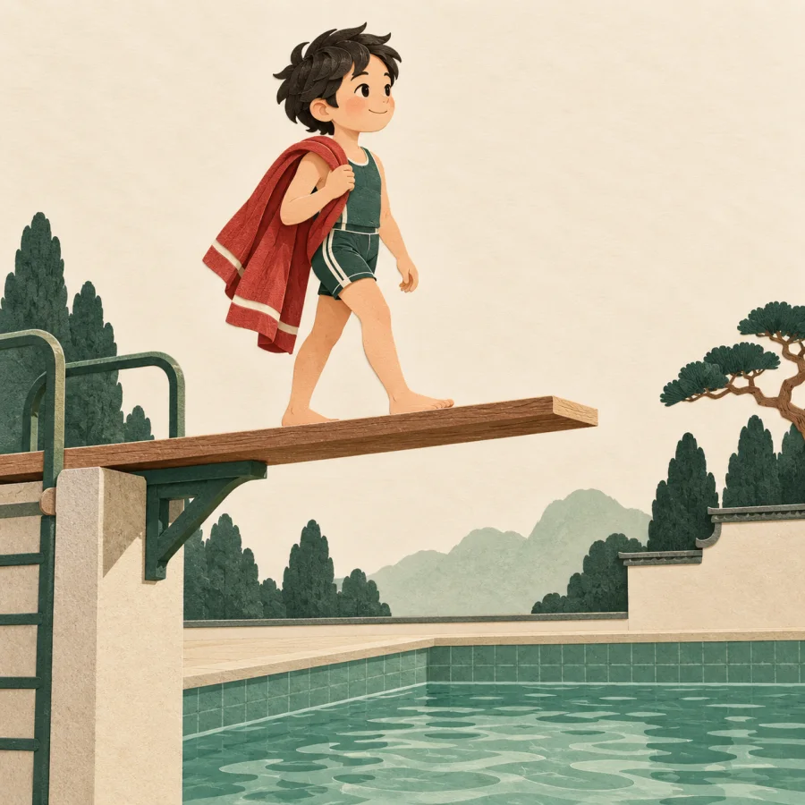 A child steps boldly onto a high diving board