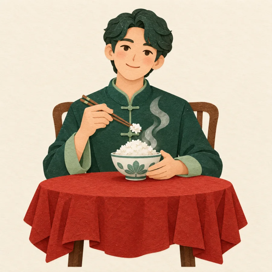 A person sits at a table with a bowl and chopsticks