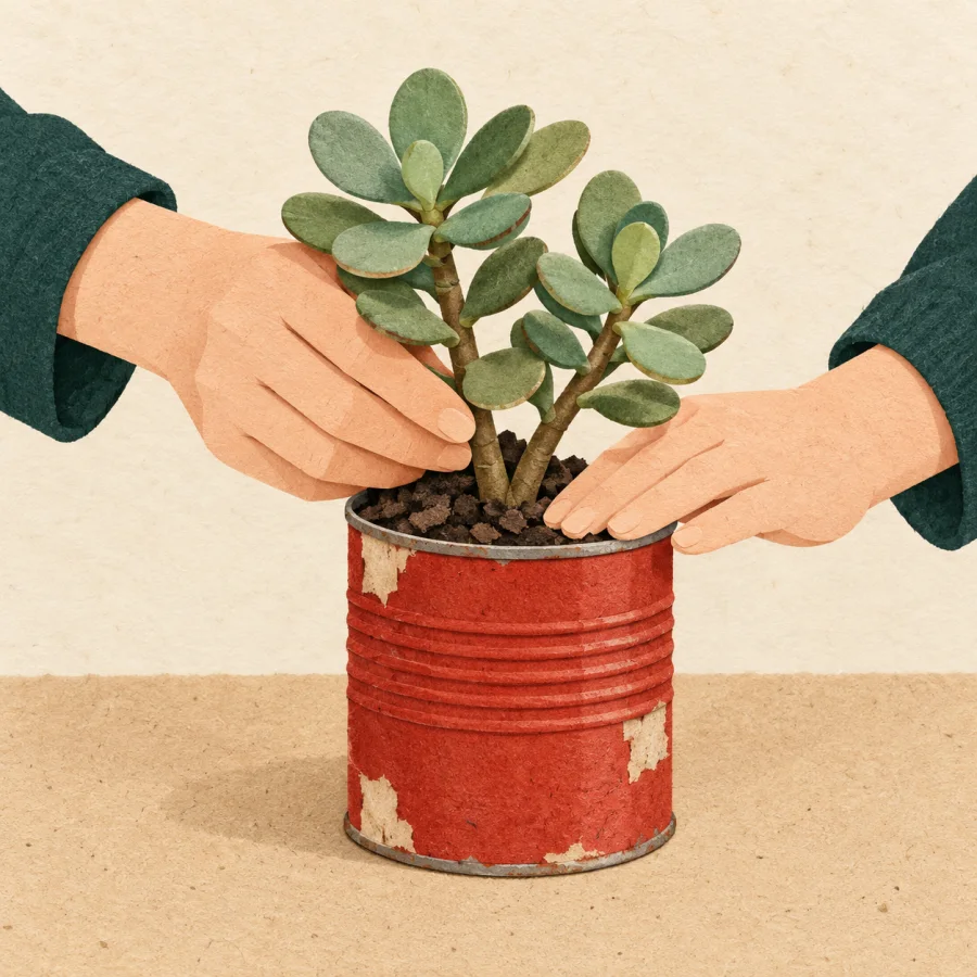 An old tin can reused as a pot for a small plant
