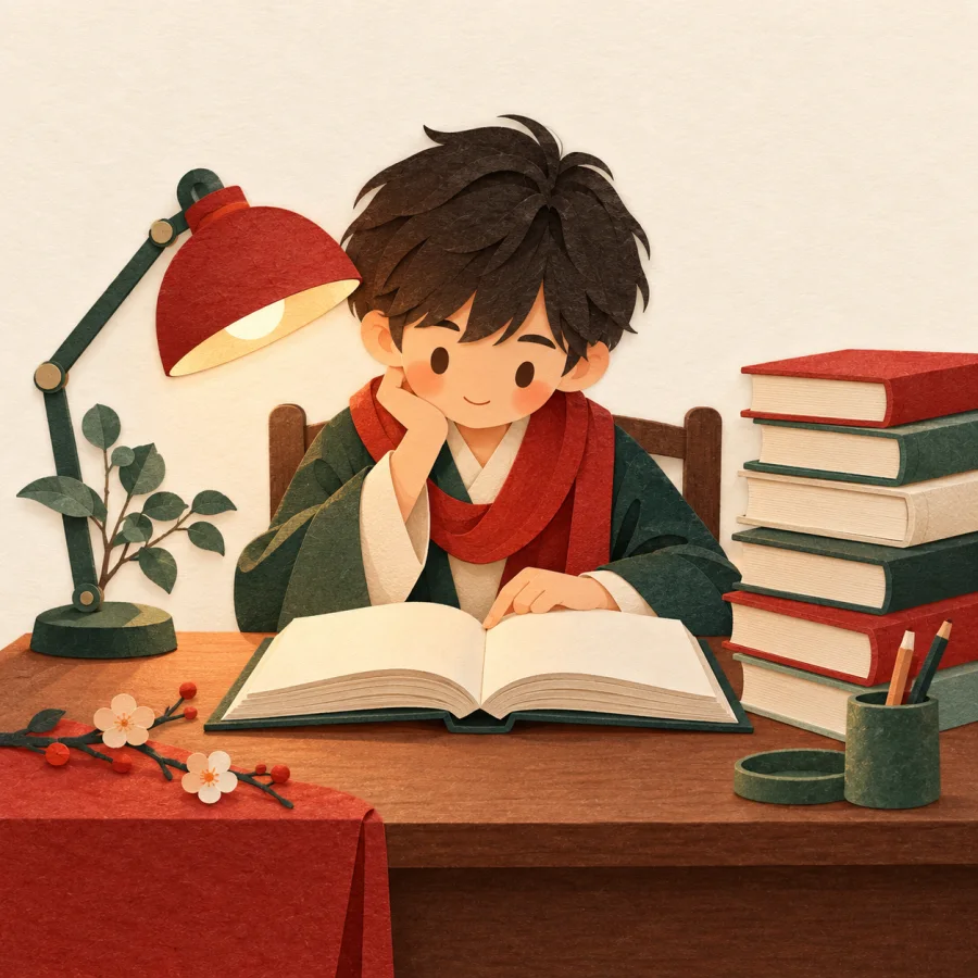 A student studies at a desk by a lamp with stacked books