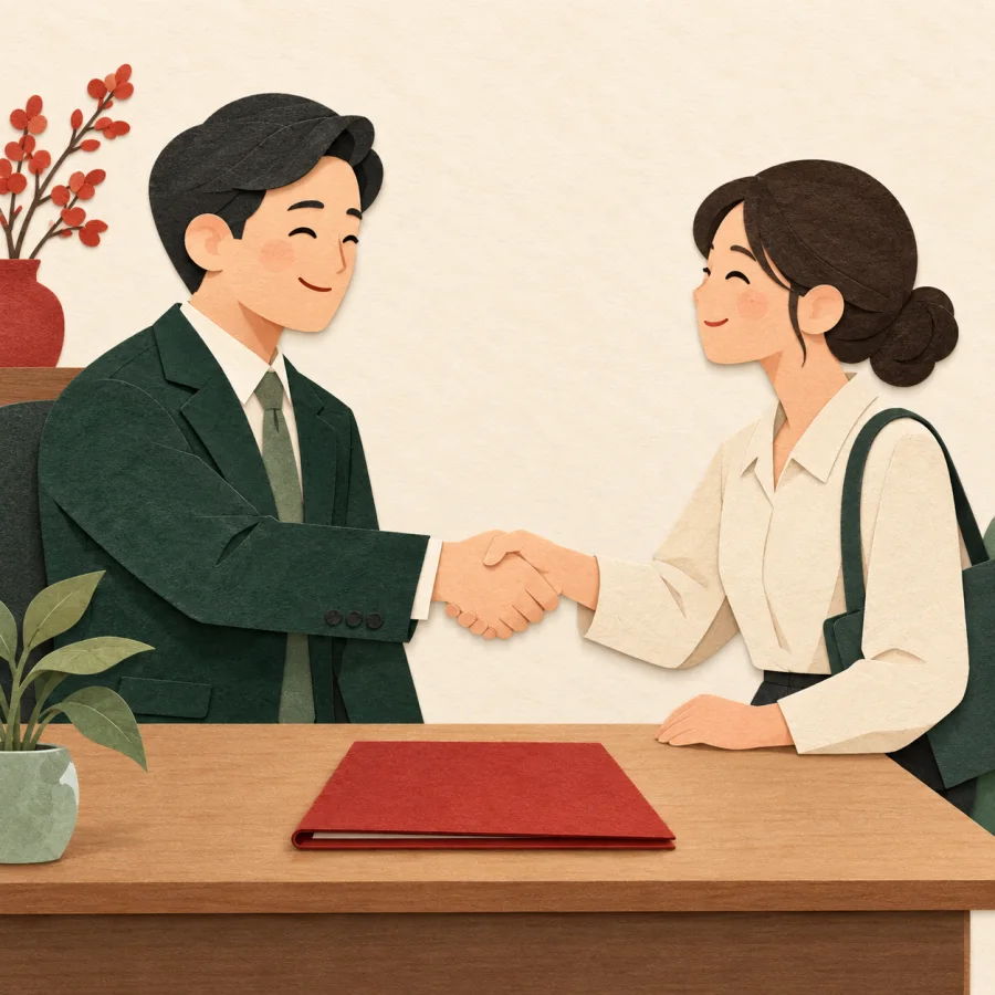 A manager shakes hands with a new worker across a desk