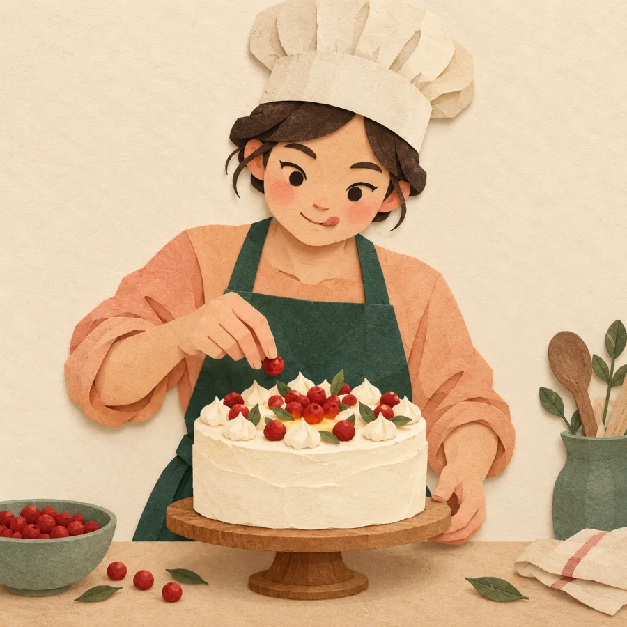 A baker carefully decorates a cake