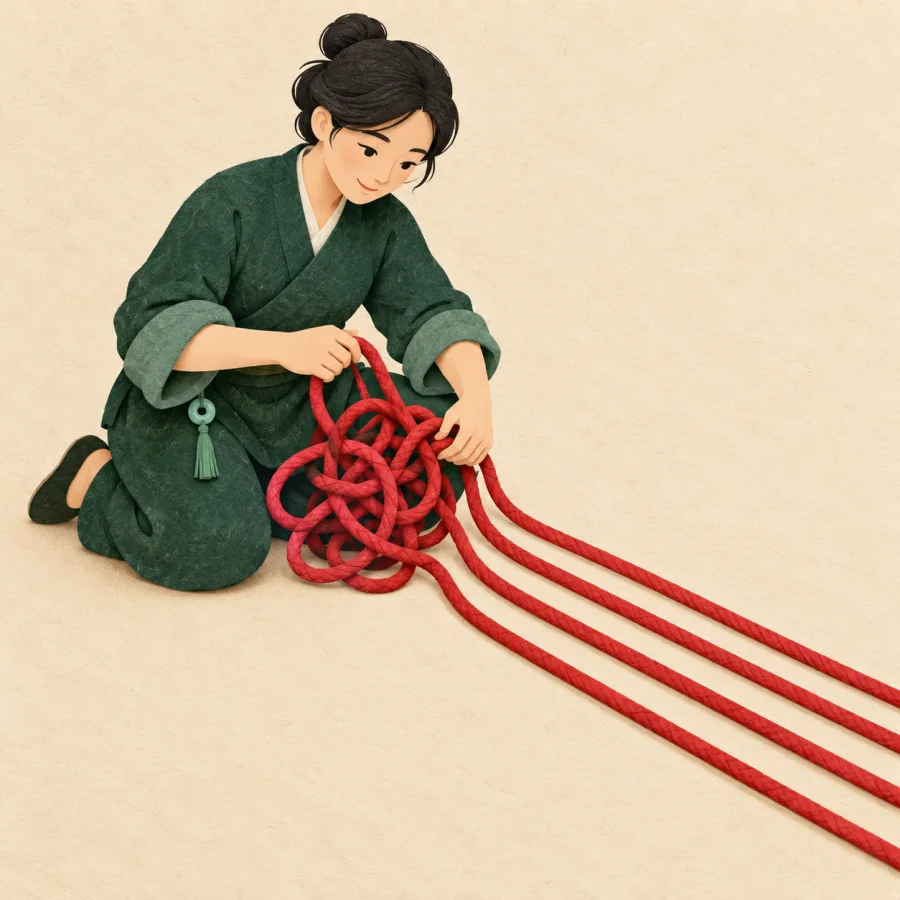 A person arranges tangled red ropes into straight lines
