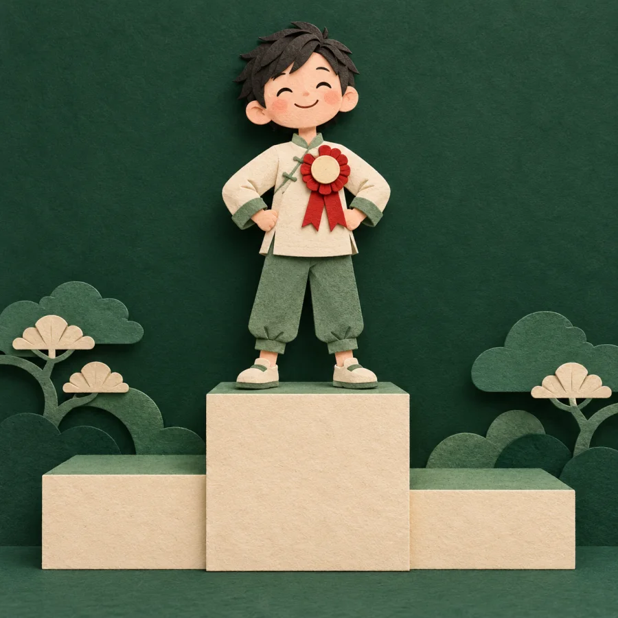 A smiling student on a podium wearing a red medal