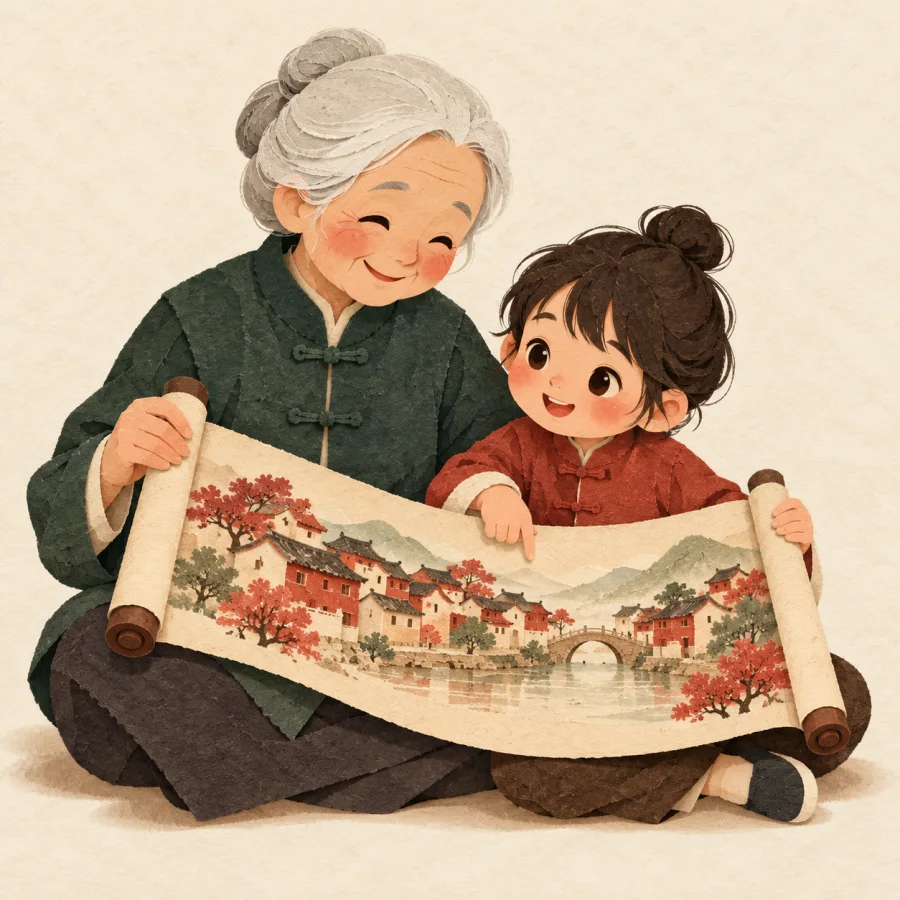 An elder shows a child an old scroll with a village picture