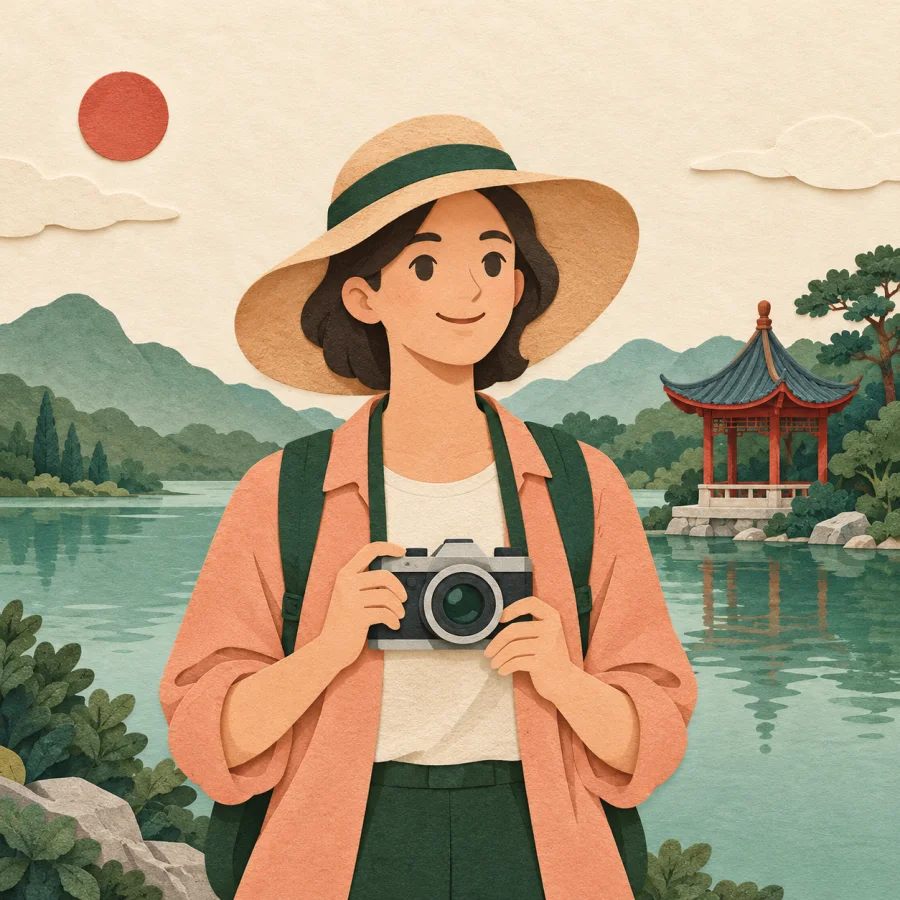 A tourist in a hat with a camera by a lake pavilion