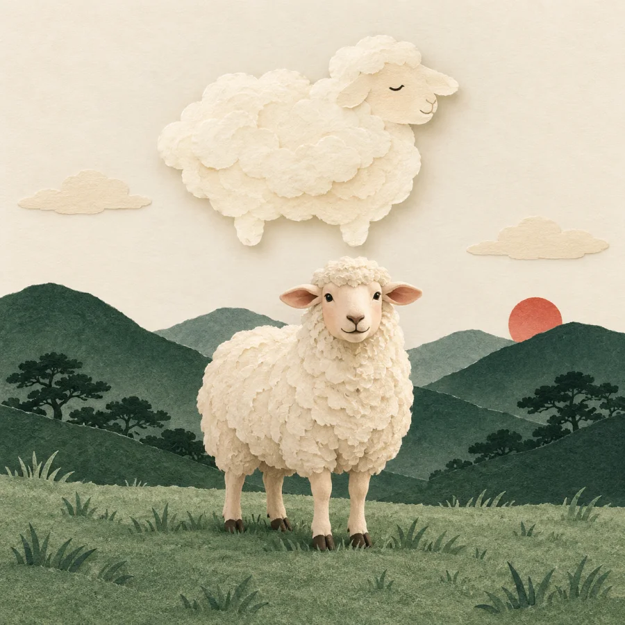 A sheep-shaped cloud floats above a real sheep