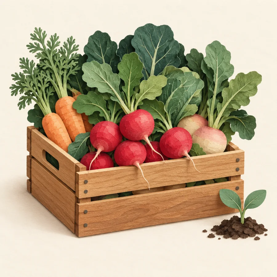 A crate of fresh vegetables with leaves and a small sprout