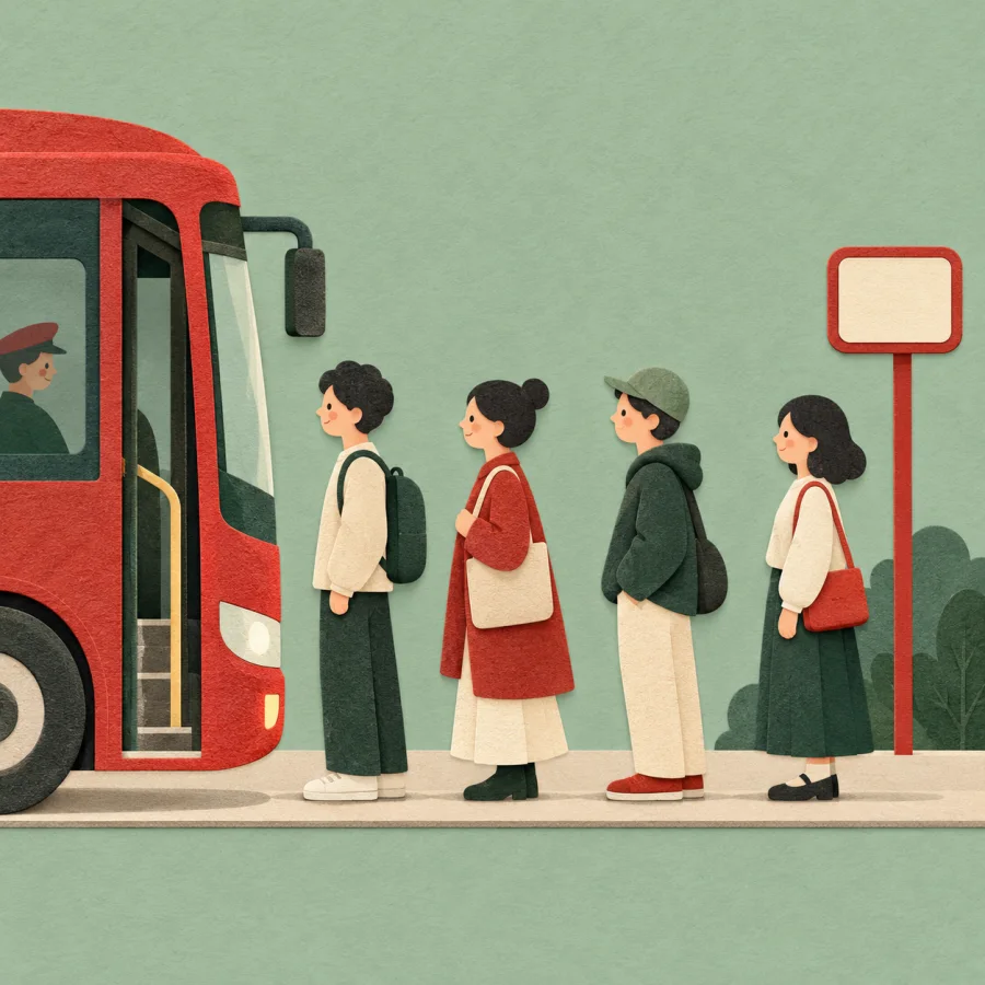 A neat line of people waiting at a bus stop