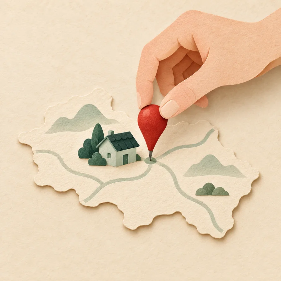 A hand places a red pin on a map beside a tiny house