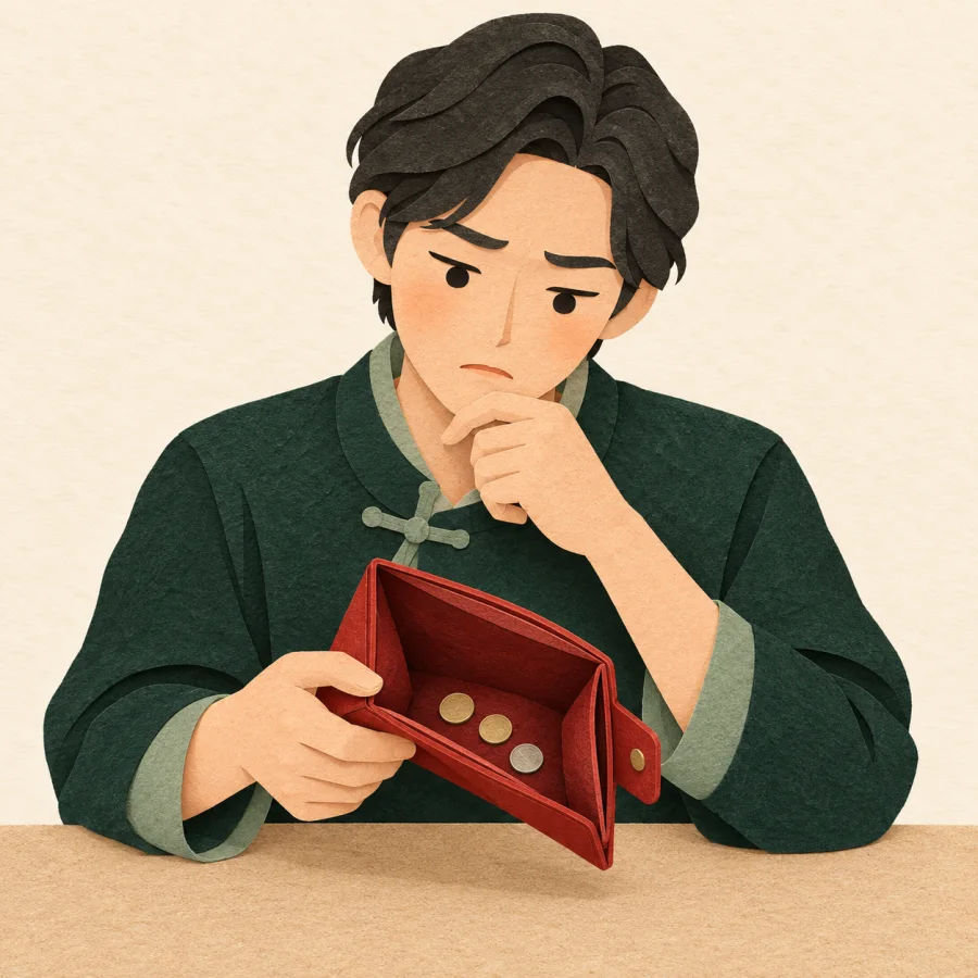 A person looks thoughtfully into a wallet with a few coins