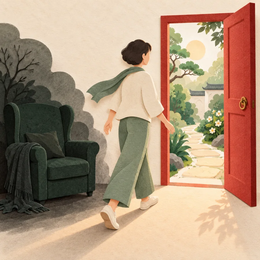 A person turns from an armchair toward an open garden door