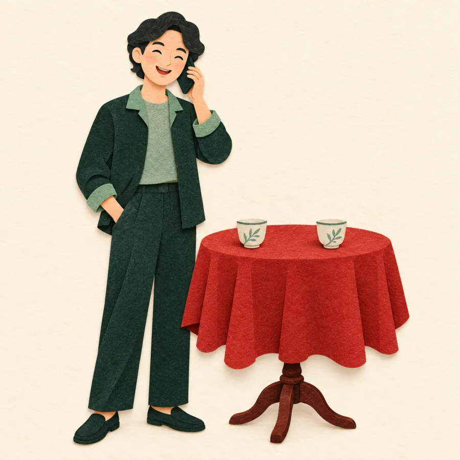 A smiling person on the phone beside a set table