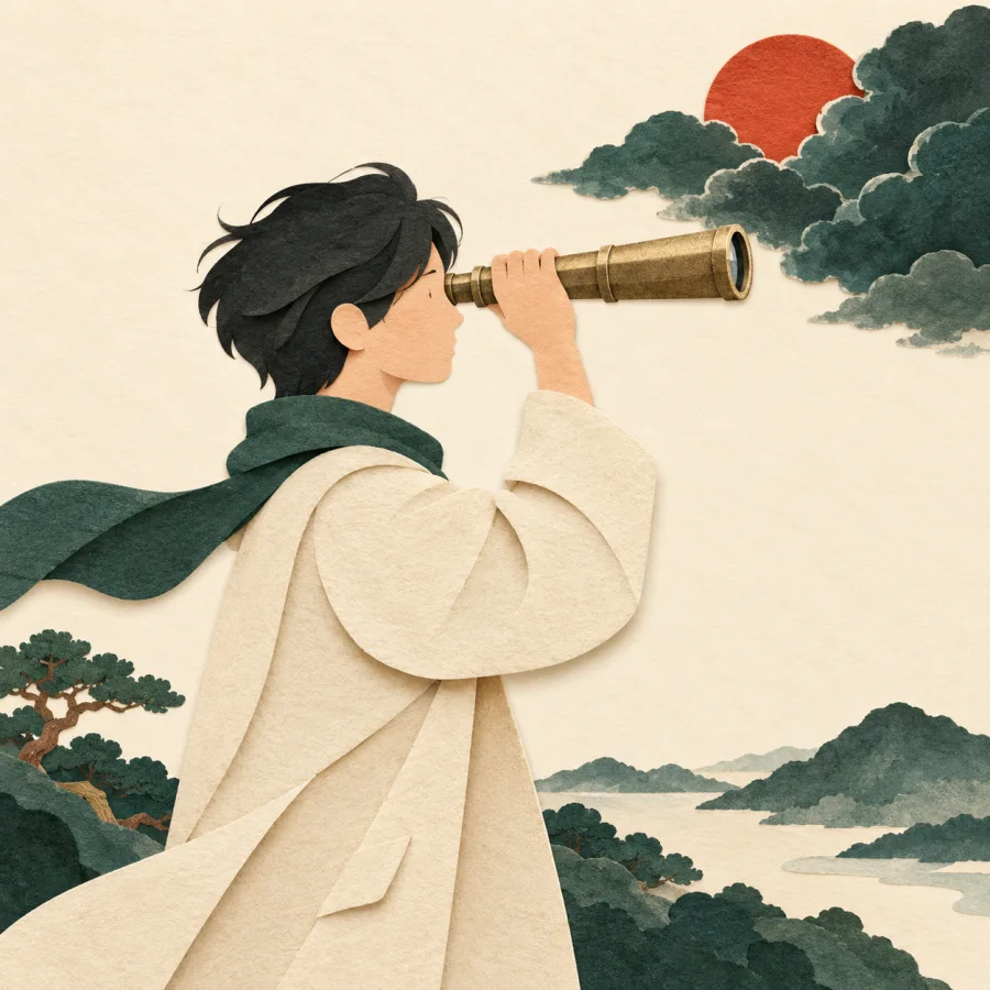 A person looks through a spyglass at dark storm clouds