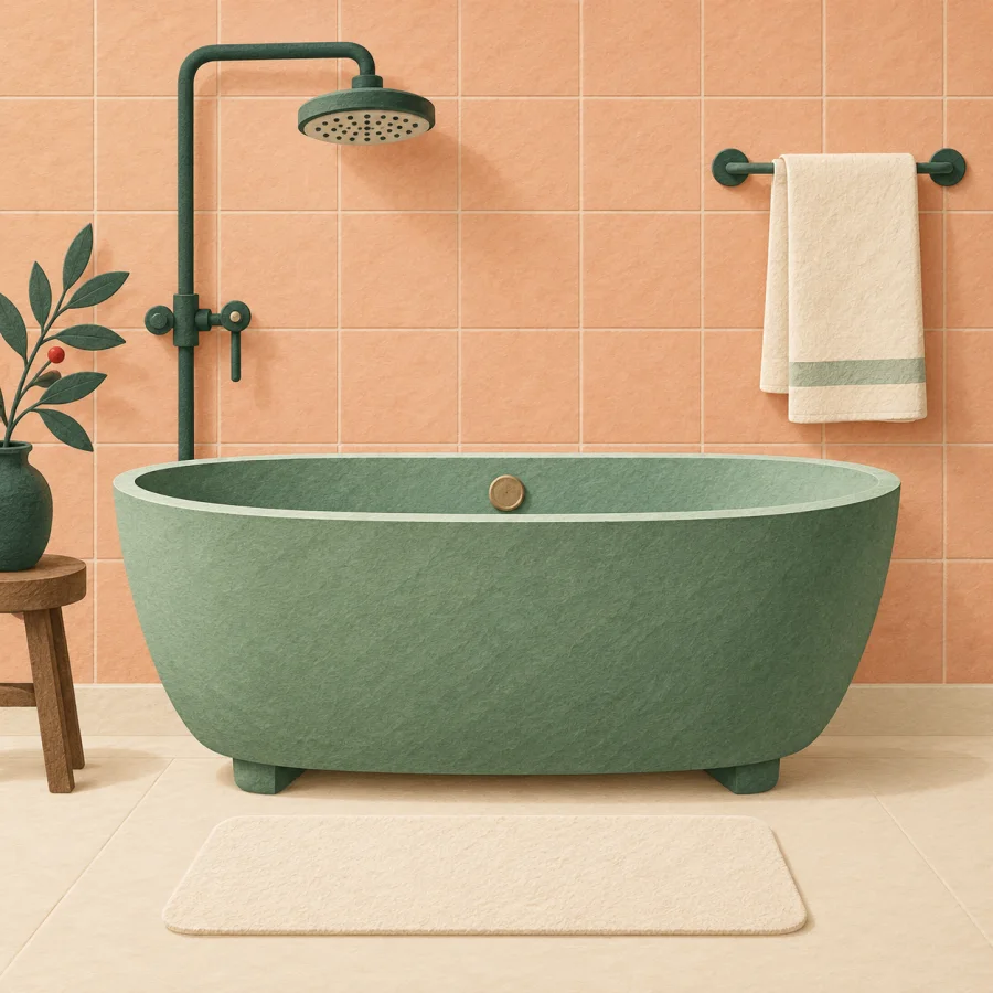 A bathtub with a shower and a towel on the wall