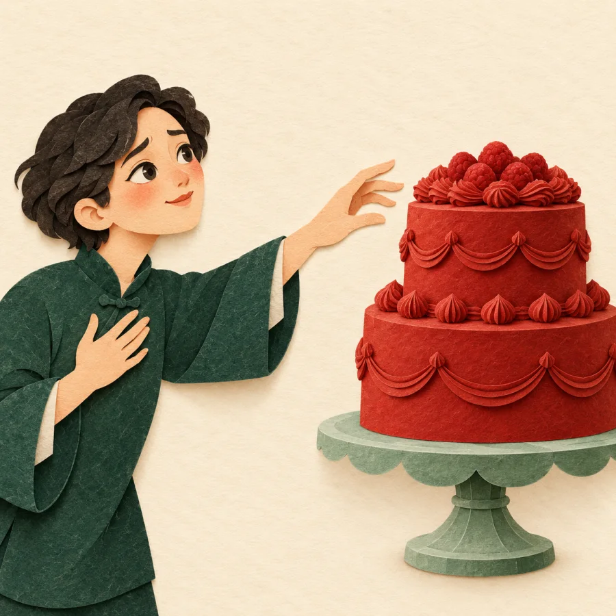 A person reaches toward a large red cake