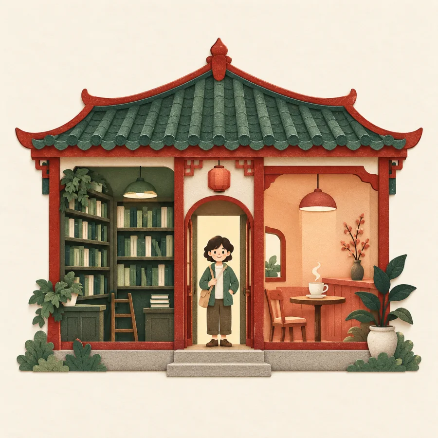 A building with books on the left and coffee on the right