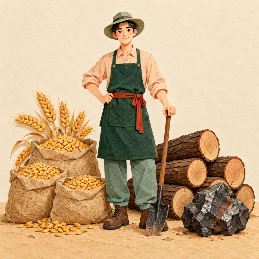 A worker beside sacks of grain, logs and a lump of ore