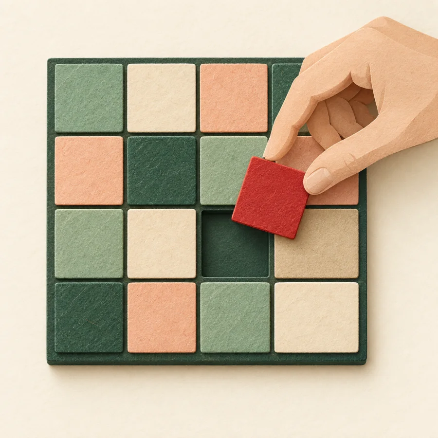A hand places a red tile into a mosaic