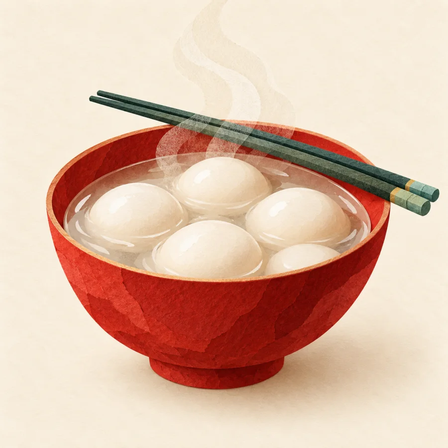A bowl of white round dumplings with chopsticks