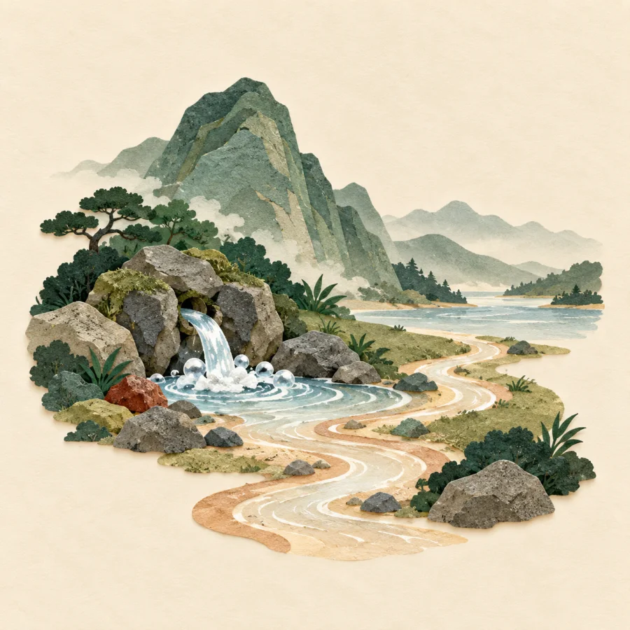 A spring at the foot of a green mountain feeds a stream