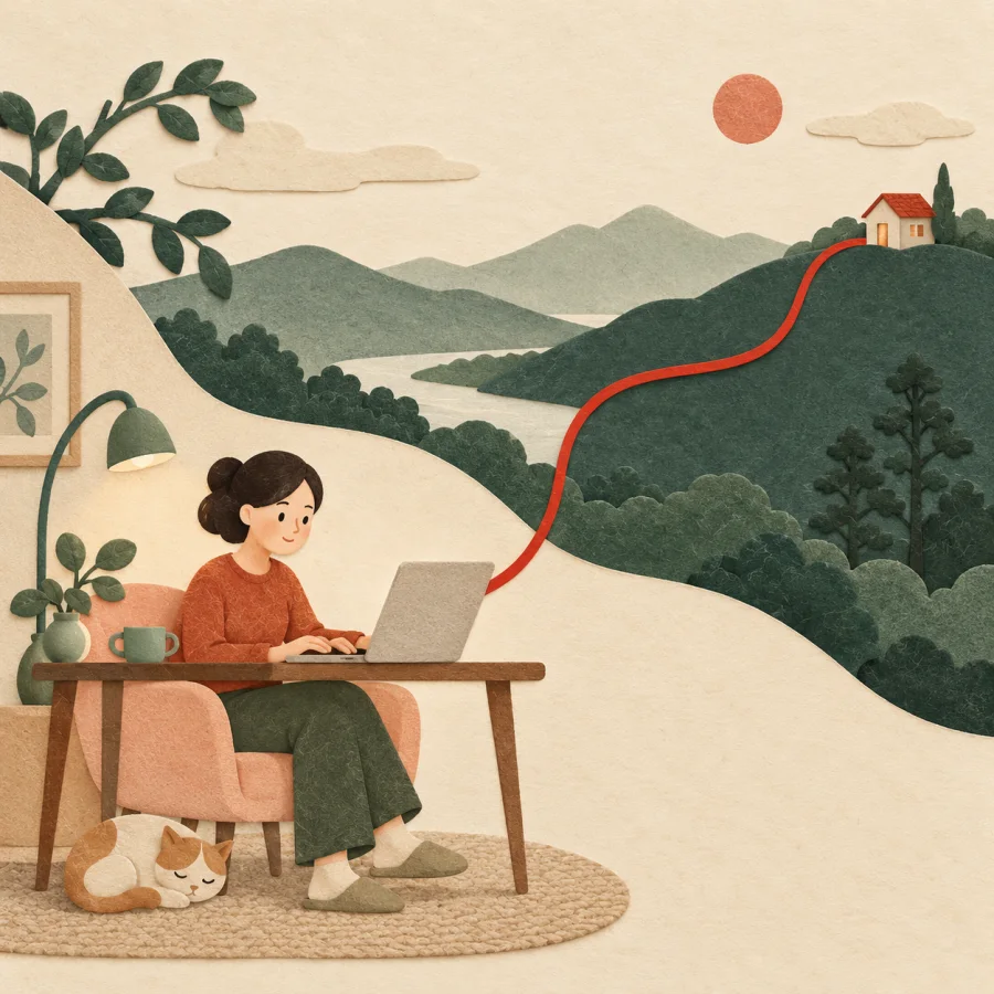 A person at a laptop with a line stretching to a distant house