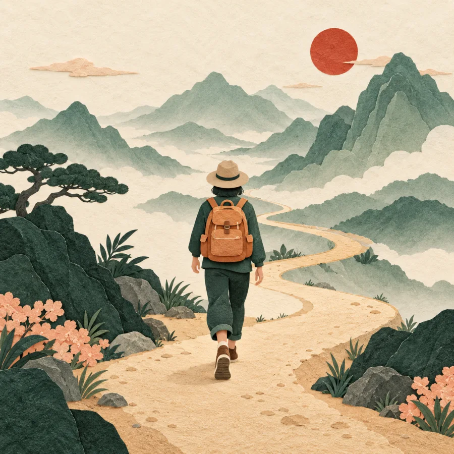 A person with a backpack walks toward distant mountains