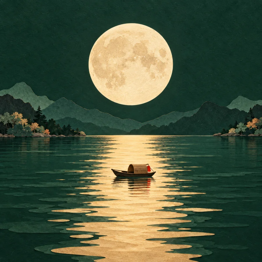 A full moon over a lake with a small boat