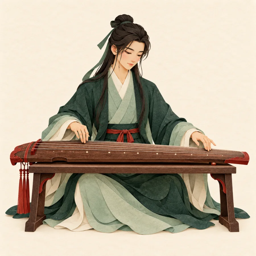 A person plays a wooden stringed instrument