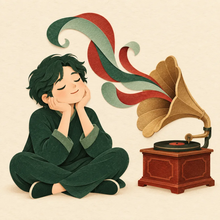 A person with closed eyes listens to a gramophone