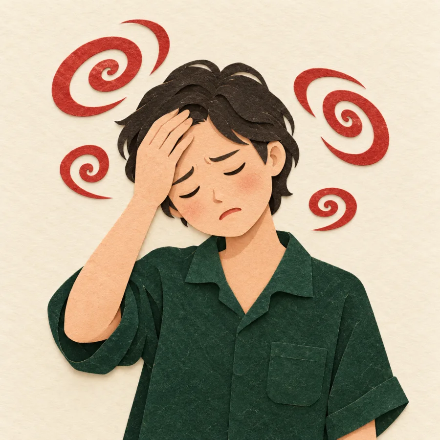 A person holds their forehead with red spirals around the head