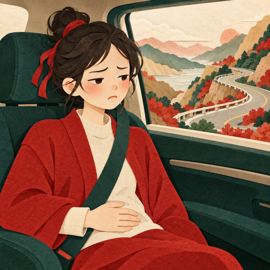 A pale passenger by a car window holds their stomach