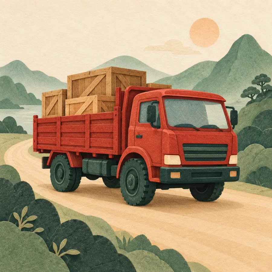 A red truck loaded with crates drives between green hills