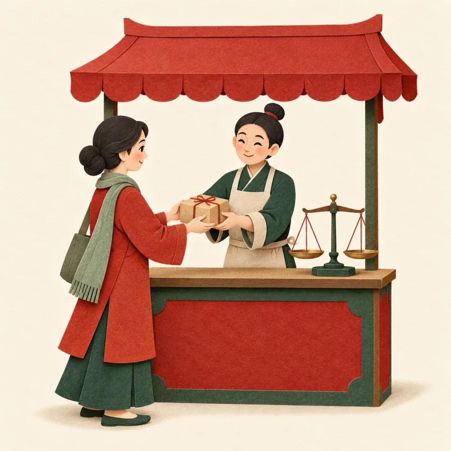 A person behind a counter hands goods to a customer