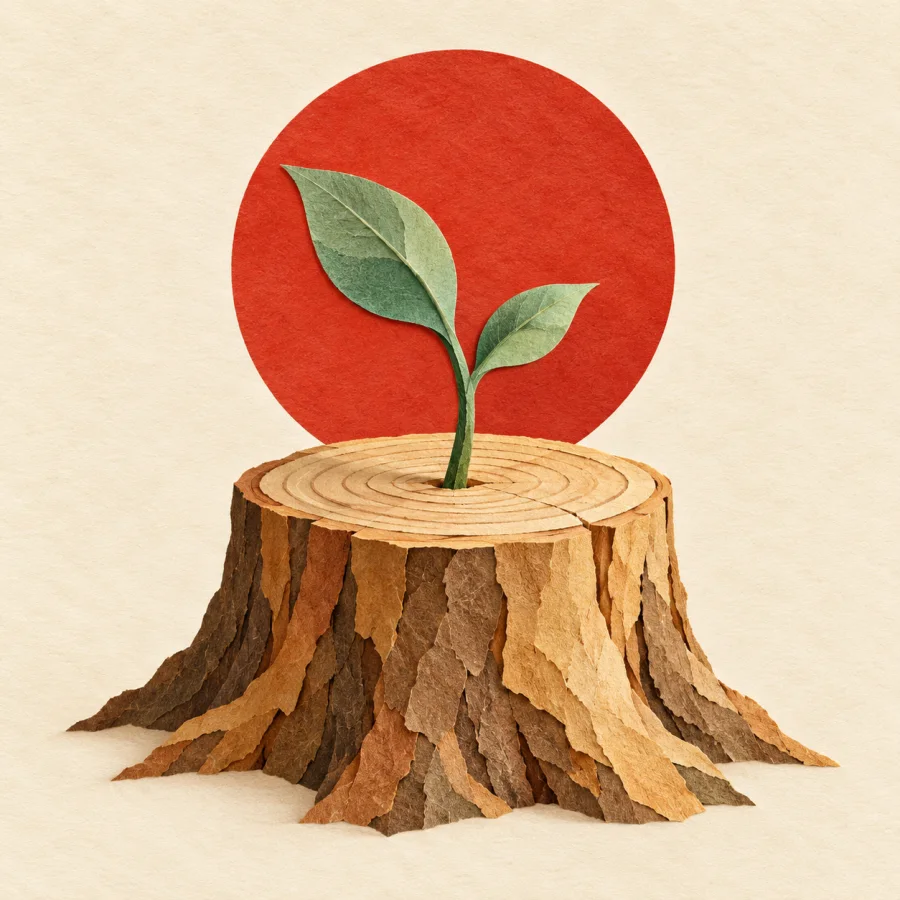 A fresh green shoot grows from an old tree stump