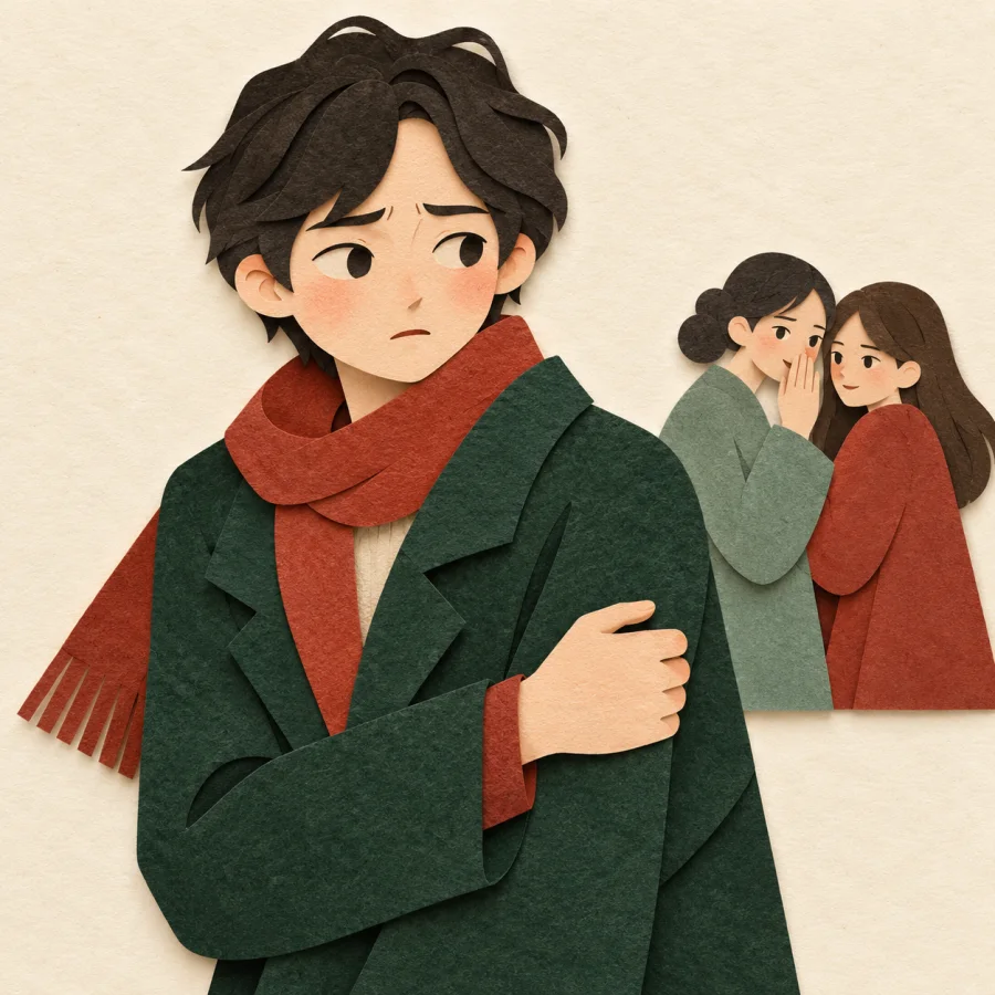 A person glances nervously at two whispering figures